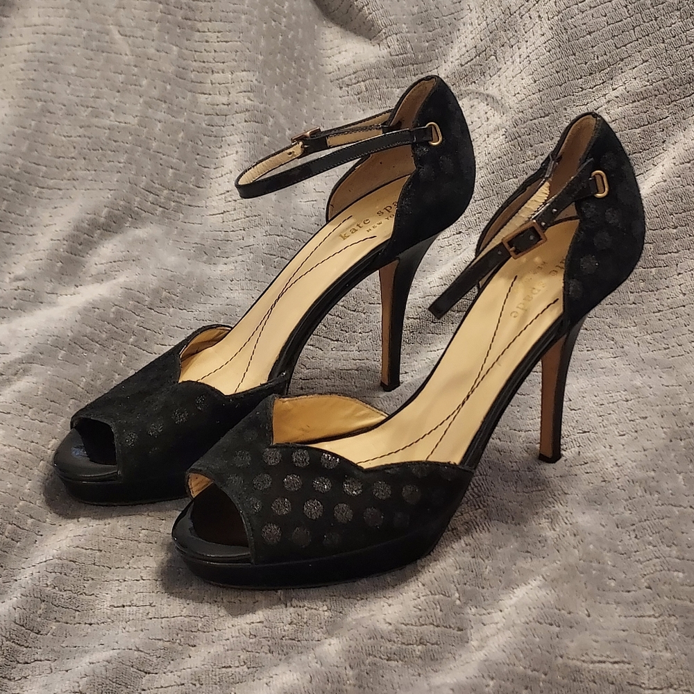 Kate Spade Gala Polka Dot Heels Size 7.5 Metallic Platforms Stiletto Bla…
